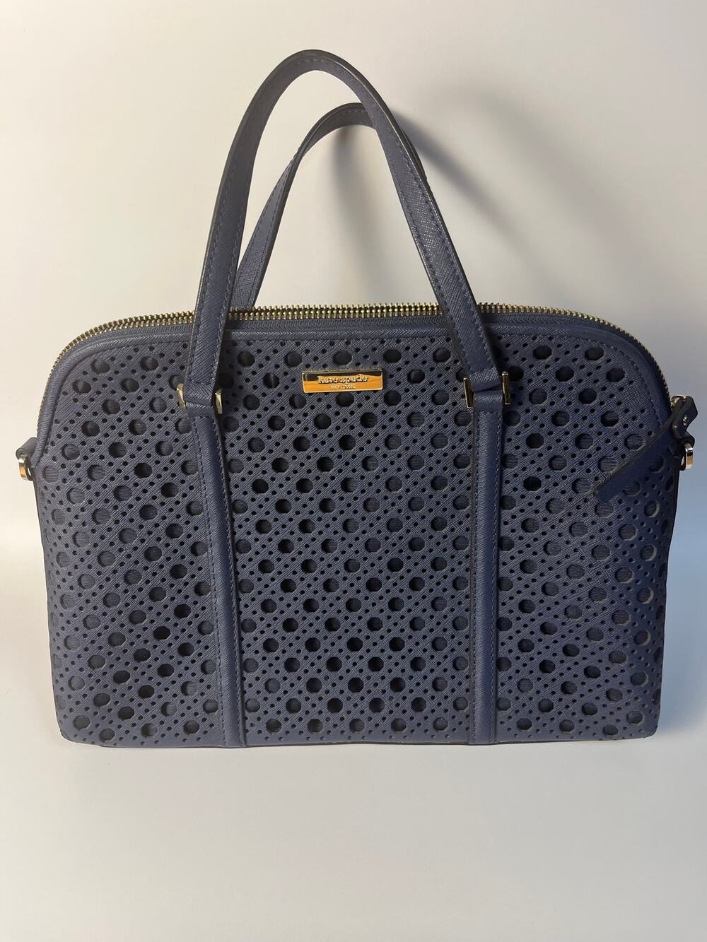 Kate Spade Navy Blue Perforated Leather Dome Satchel Handbag Gold Hardware